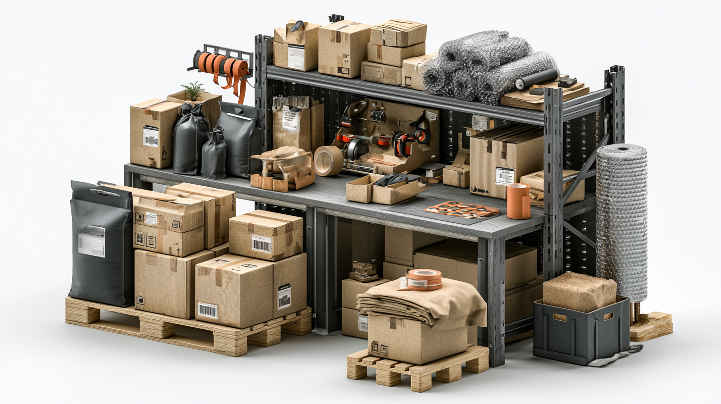 Isometric warehouse scene with a full range of packaging supplies