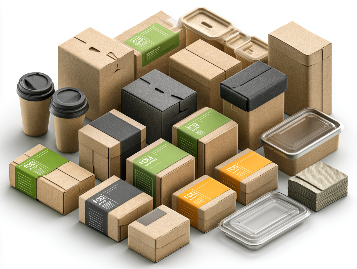 Isometric illustration of kraft compostable takeaway food containers