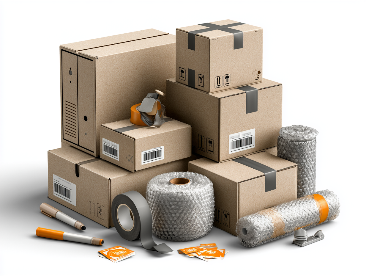 Isometric moving scene with stacked double-wall cardboard boxes