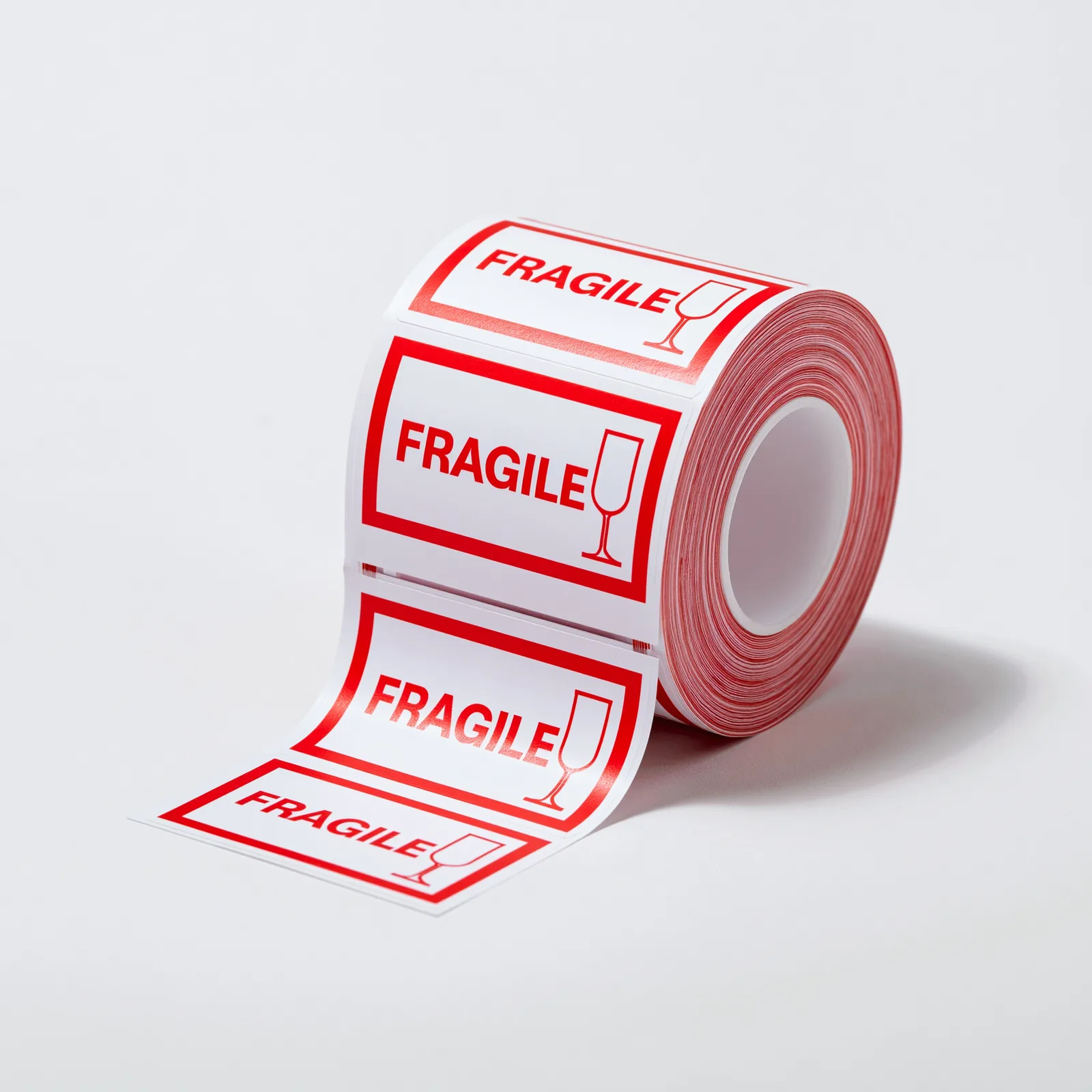 Roll of red and white Fragile handling labels