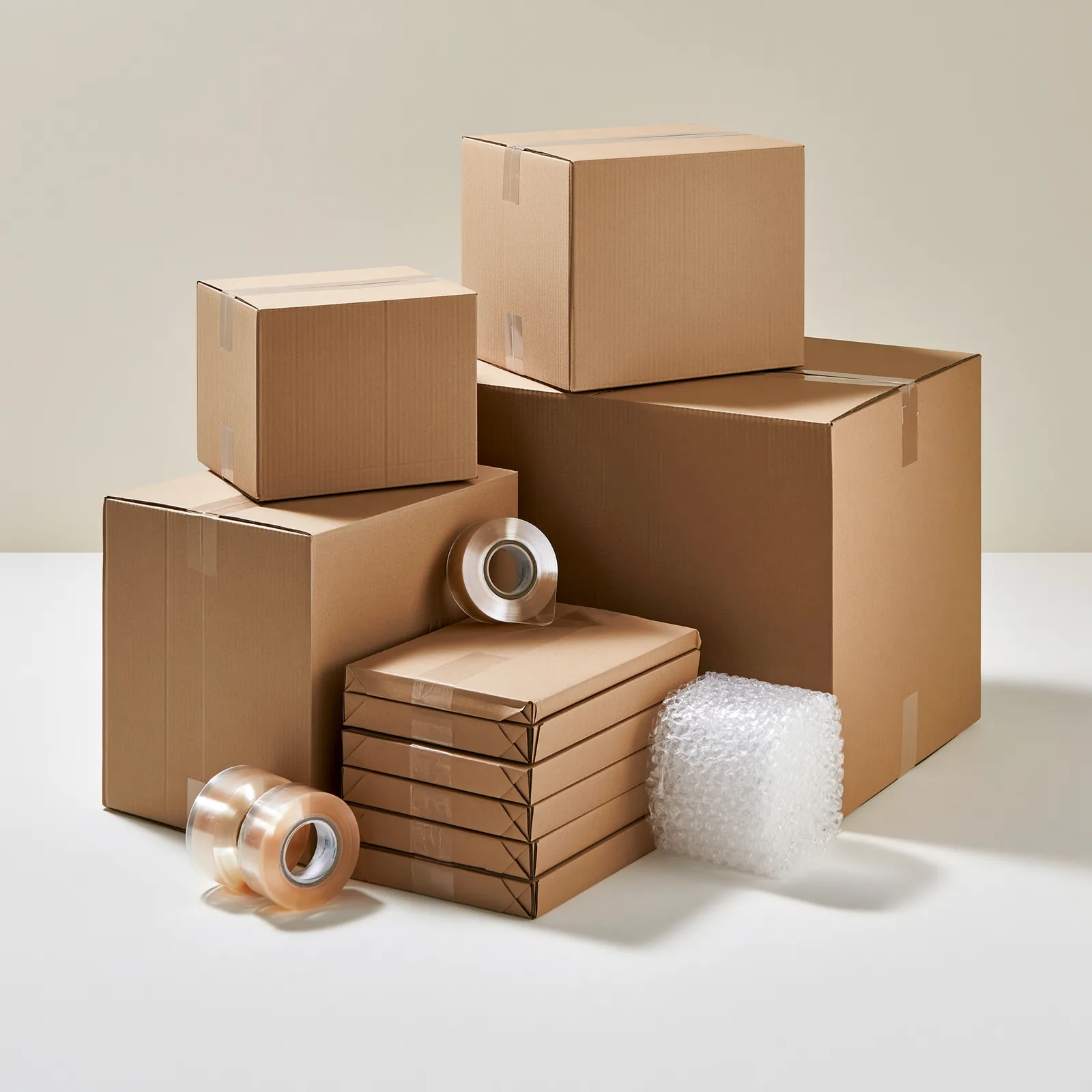 House move kit with flat boxes, tape and bubble wrap bundled