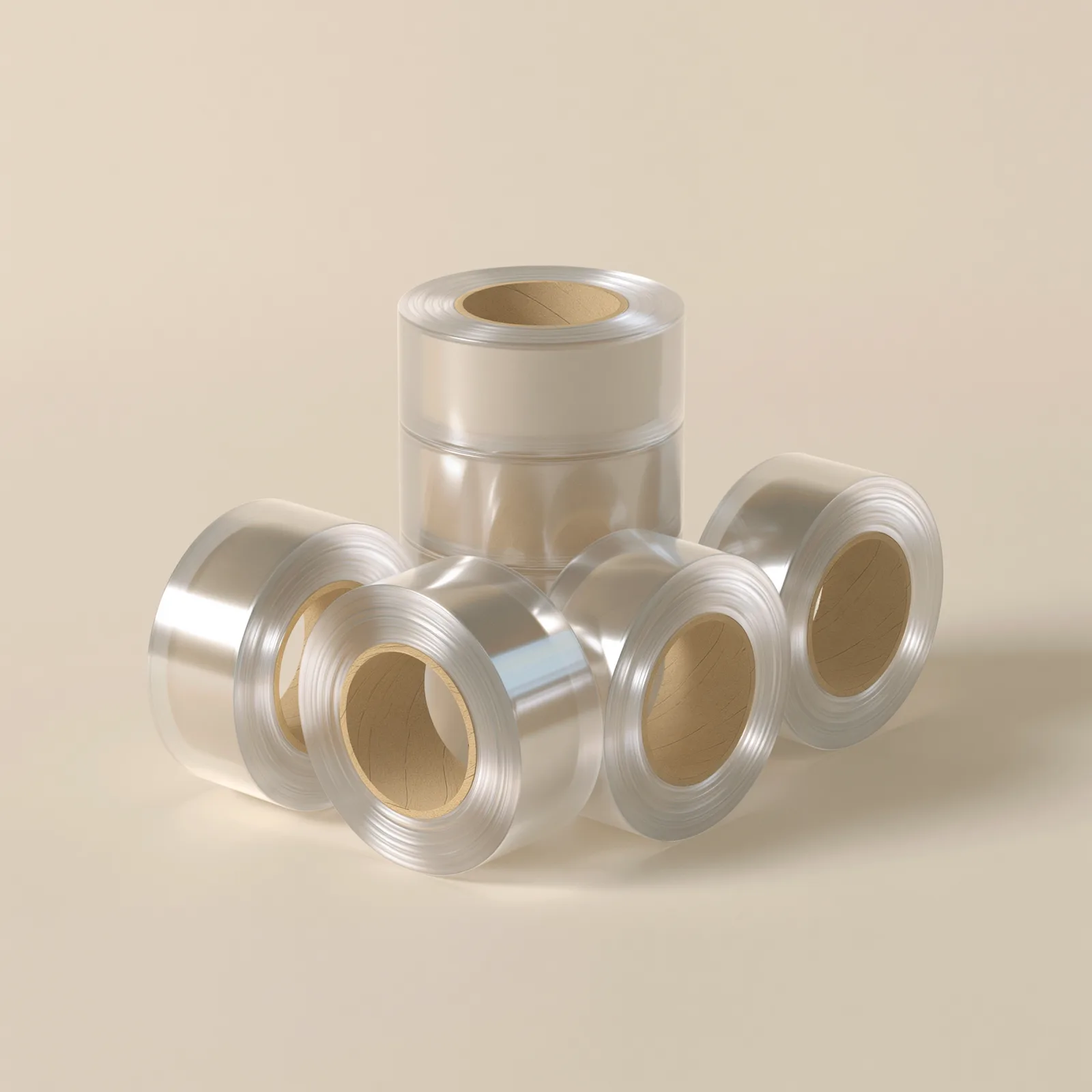 Six rolls of clear low-noise packing tape stacked