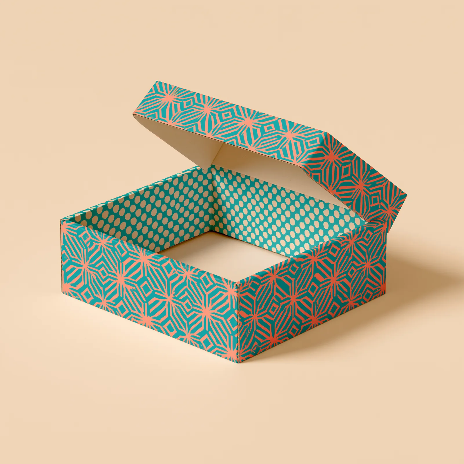Branded printed mailer box in brand colours on a table